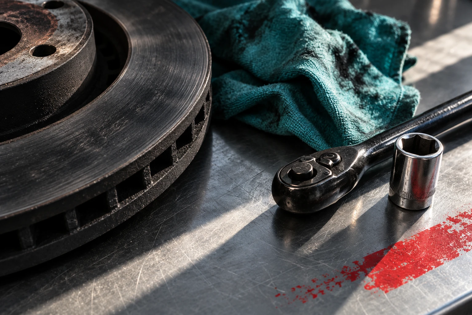 Illustrative brake rotor, teal shop rag, socket and mechanic tool on steel; not a 37 Ave repair result or exact shop photograph.